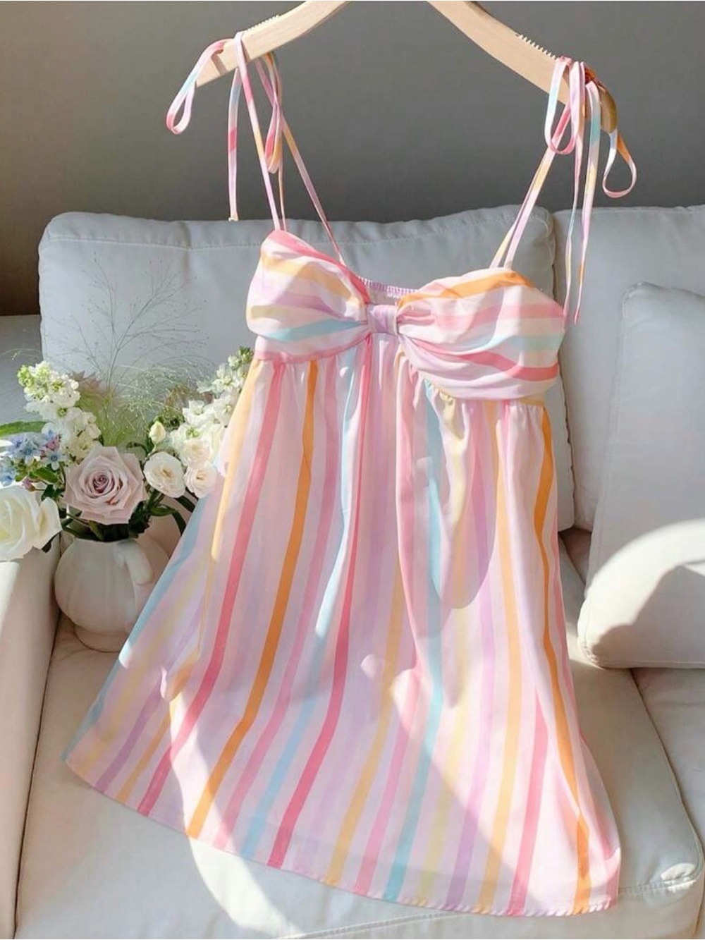 Pastel Striped Tie-Shoulder Sleep Dress - Pink Multi